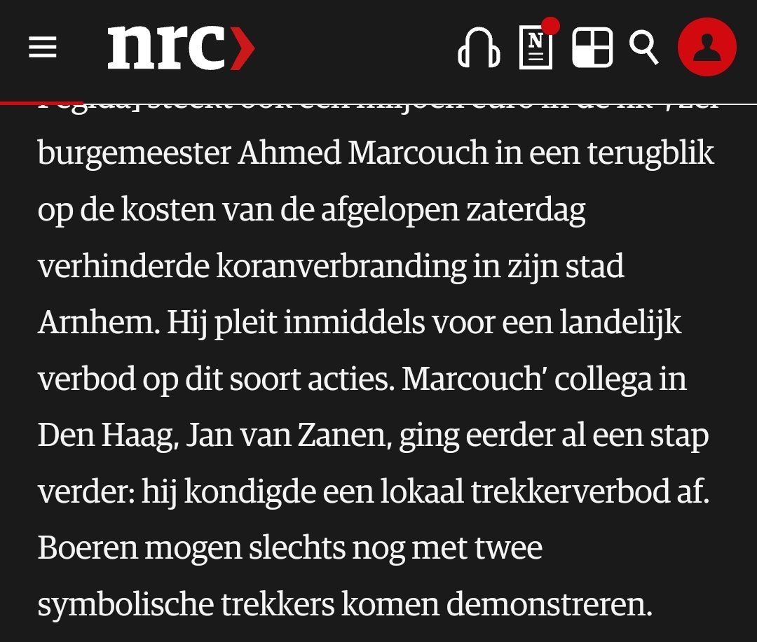 Bizarre vergelijking van @nrc. Een verbod om met meer dan twee tractoren te demonstreren in Den Haag 'gaat verder' dan een oproep van Marcouch voor een verbod op het koranverbranding.

Tractoren worden bij demonstraties ingezet als levensgevaarlijke dwangmiddelen, waartegen de