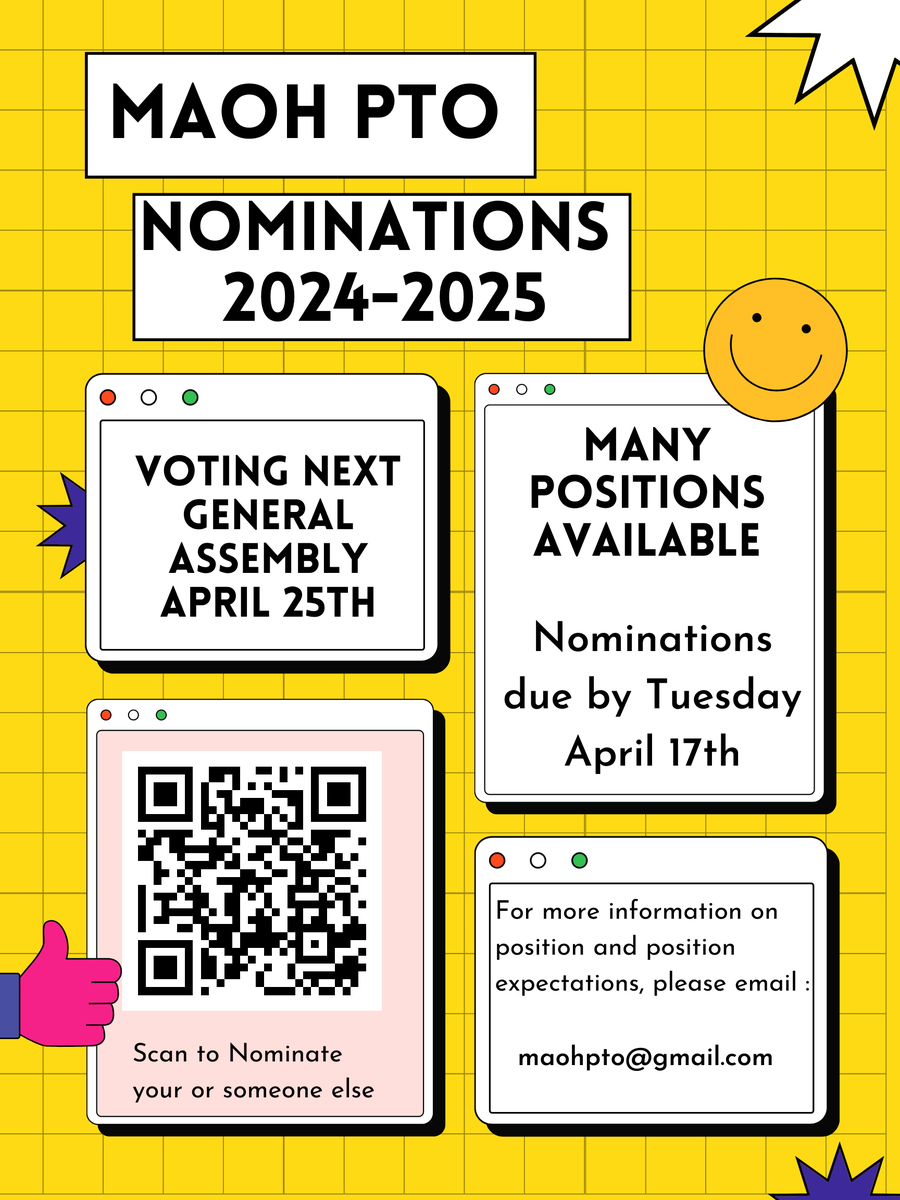 maohpto's tweet photo. Time to get nominations in! Come help make your MAOH PTO amazing! Nomination form: https://t.co/7cjLQBmWxR
or email MAOHPTO@GMAIL.COM https://t.co/iCW4d7vANF
