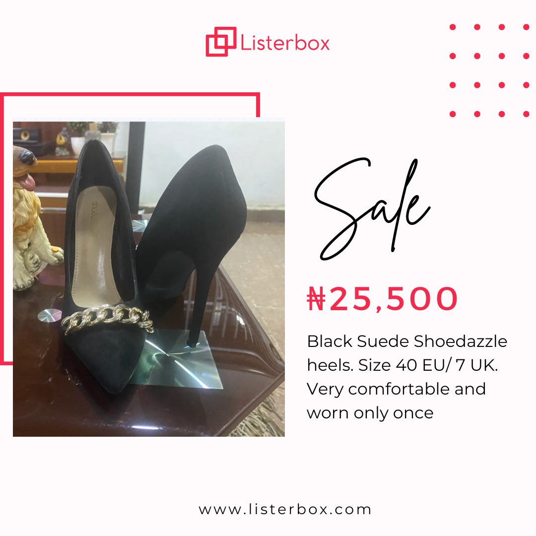 Black suede Shoedazzle heels. Very comfortable and worn only once. Size is EU 40/ UK 7 

To get this asap,

Link: listerbox.com/listings/65fd9…

Visit listerbox.com and type in Shoedazzle heels in the search box

#sustainability #ecofriendly #ecofriendlyfashion