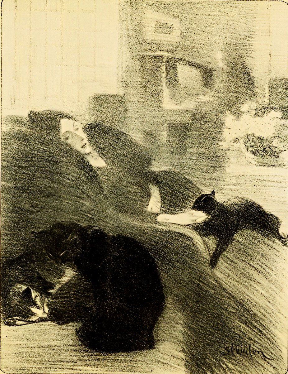 LYING asleep between the strokes of night
I saw my love lean over my sad bed,
Pale as the duskiest lily’s leaf or head,

📔Poems and Ballads, 1866
🖊️Algernon Charles Swinburne (English Poet)

🖼️When We Get Old, 1897
🎨Théophile Steinlen (French Painter)

#caturdayᓚᘏᗢ