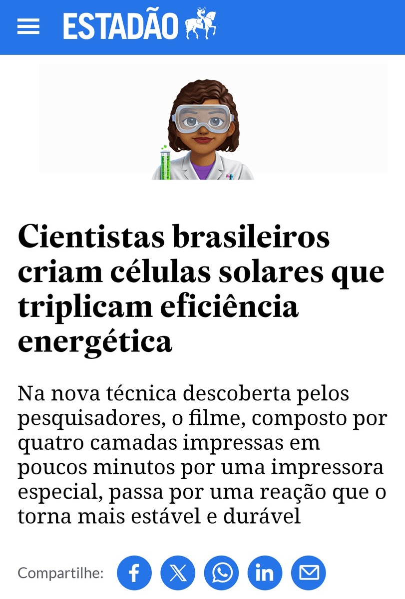 ☀️ Cientistas brasileiros criam células solares que triplicam eficiência energética.🔋 CIÊNCIA NA MÍDIA! @UFPR 🇧🇷 estadao.com.br/sustentabilida…