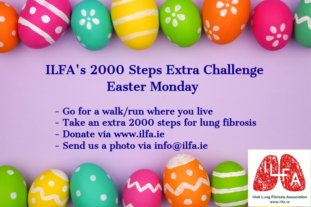 Two more sleeps until @ILFA_Ireland's 2000 Steps Extra Challenge on Easter Monday. Please join us and walk an extra mile (approximately 2000 steps) to help raise awareness and support lung fibrosis patients. Here's how to get involved👇