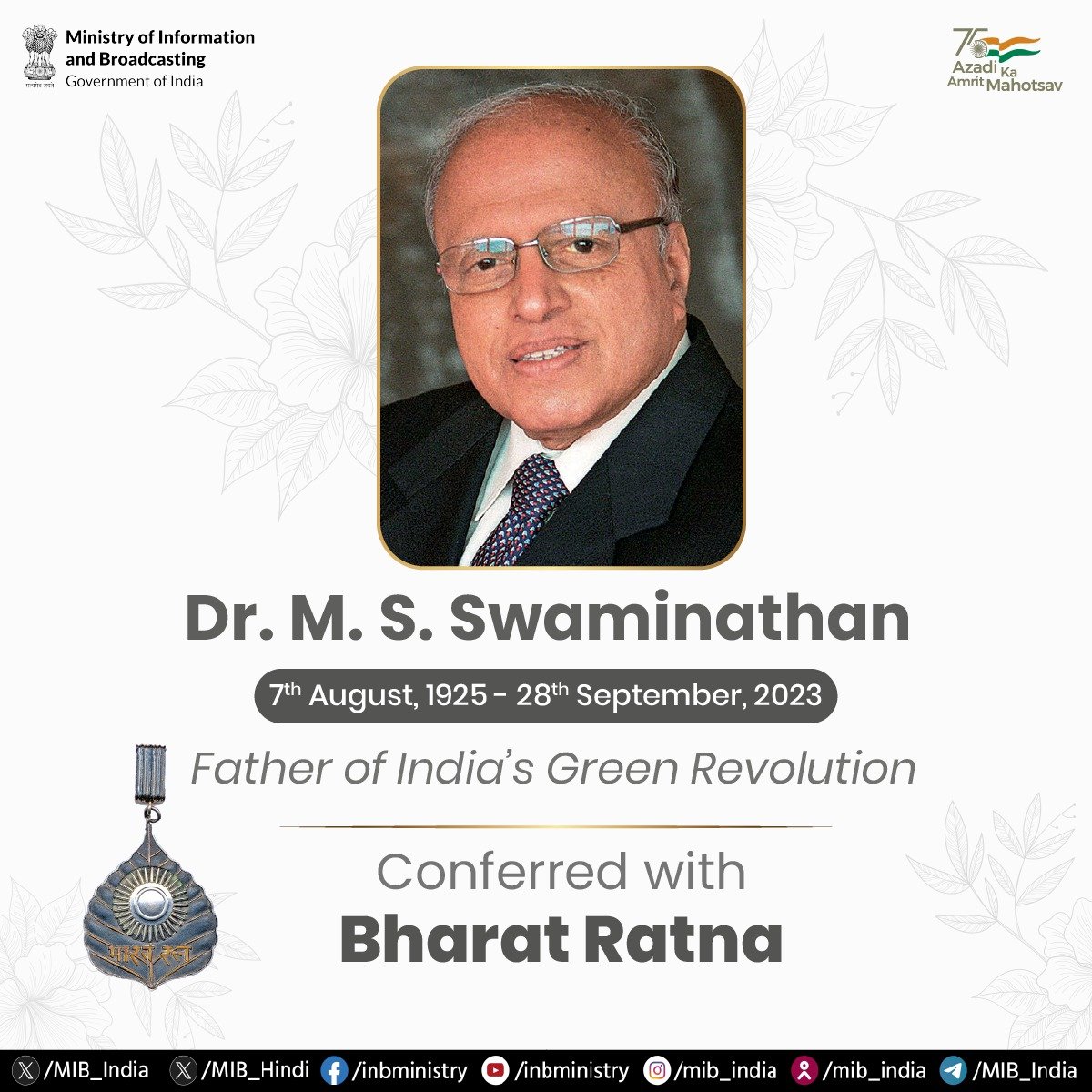 @narendramodi As Dr. M.S. Swaminathan Ji is conferred with the #BharatRatna, we celebrate his pioneering work in agricultural research and sustainable development. His vision continues to nourish our nation and inspire generations! 🇮🇳