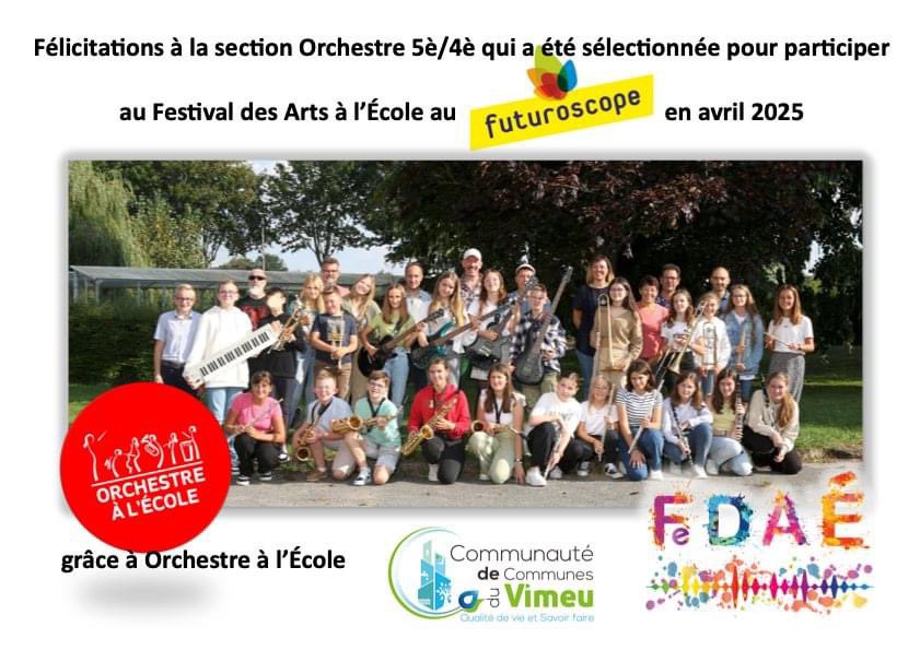 Félicitations à la section Orchestre 5è/4è , sélectionnée pour participer au Festival des Arts à l’École au <a href="/futuroscope/">Futuroscope</a> en avril 2025 grâce à <a href="/Orchestreecole/">Orchestre à l'École</a> et le soutien de la Communauté de Communes du Vimeu

#fedae
<a href="/AcAmiens/">Académie d'Amiens</a>