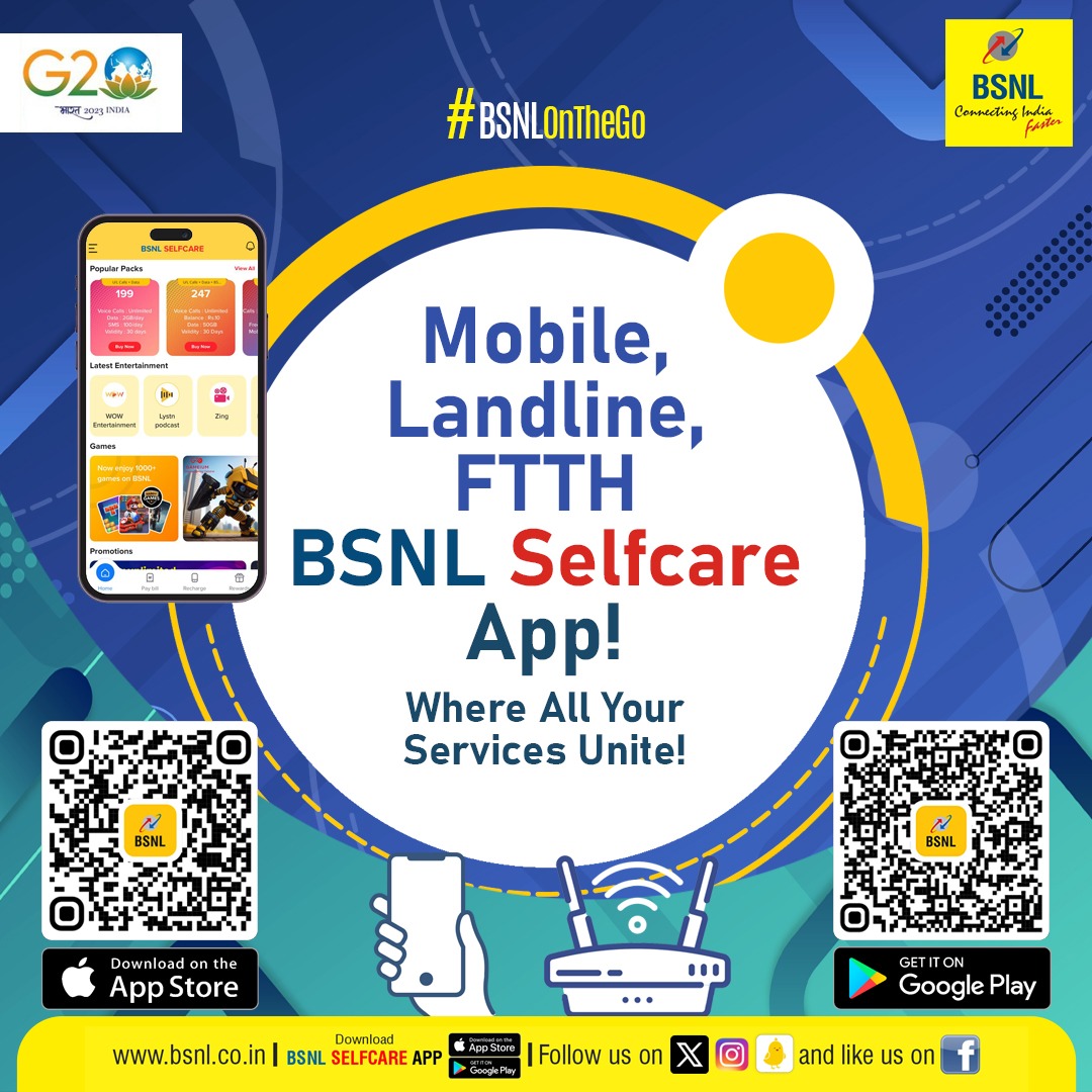 Mobile, Landline, FTTH #BSNLSelfcareApp - Where All Your Services Unite! All-in-One Solution for Landline/FTTH and Mobile Services. Google Play: bit.ly/3H28Poa App Store: apple.co/3oya6xa #BSNLOnTheGo #BSNL #DownloadNow