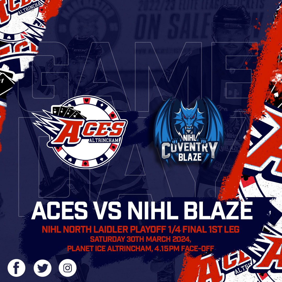 Altrincham Aces (@altyaces) on Twitter photo 🚨PLAYOFF GAMEDAY🚨
It’s the 1st leg of the 1/4 final on home ice! LETS GO ACES!
🆚 <a href="/NIHLBlaze/">IDP Coventry NIHL Blaze</a>
📅 Sat 30th Mar 2024
⏰ 4.15pm
📍 <a href="/Altrincham_Rink/">Altrincham Ice Rink</a>
♦️♠️❤️♣️
#aces #altrincham #acesvsblaze #playoffs #letsgoaces 🚨PLAYOFF GAMEDAY🚨
It’s the 1st leg of the 1/4 final on home ice! LETS GO ACES!
🆚 <a href="/NIHLBlaze/">IDP Coventry NIHL Blaze</a>
📅 Sat 30th Mar 2024
⏰ 4.15pm
📍 <a href="/Altrincham_Rink/">Altrincham Ice Rink</a>
♦️♠️❤️♣️
#aces #altrincham #acesvsblaze #playoffs #letsgoaces