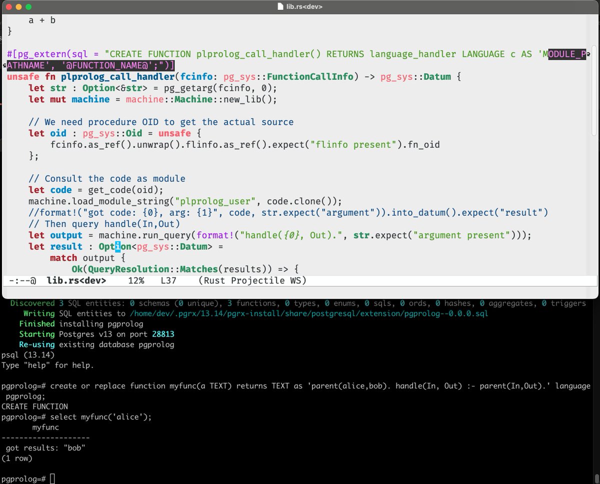 Rust ecosystem has some high quality tooling, like pgrx... a complete rust newbie like myself was able to create a proof of concept postgresql language handler for scryer prolog