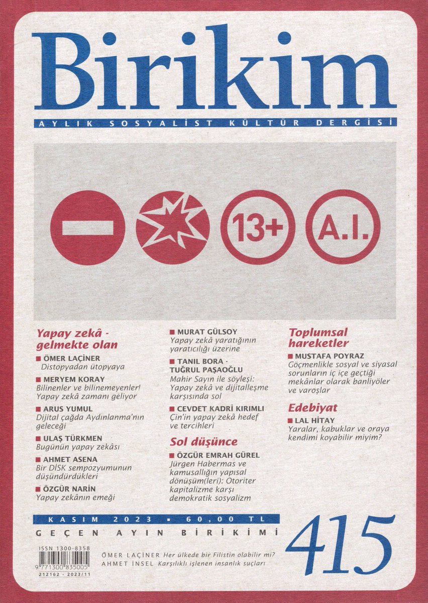 Birikim - Sayı 415 - Kasım 2023

Kapak: Yapay Zeka - Gelmekte Olan, Sol Düşünce, Toplumsal Hareketler, Edebiyat
Sayfa Sayısı: 96
disk.yandex.ru/i/bh7mkQAKesQ6…

#Birikim #YapayZeka #sol #ToplumsalHareketler #distopya #ütopya #DijitalÇağ #aydınlanma #MahirSayın #Çin #JürgenHabermas