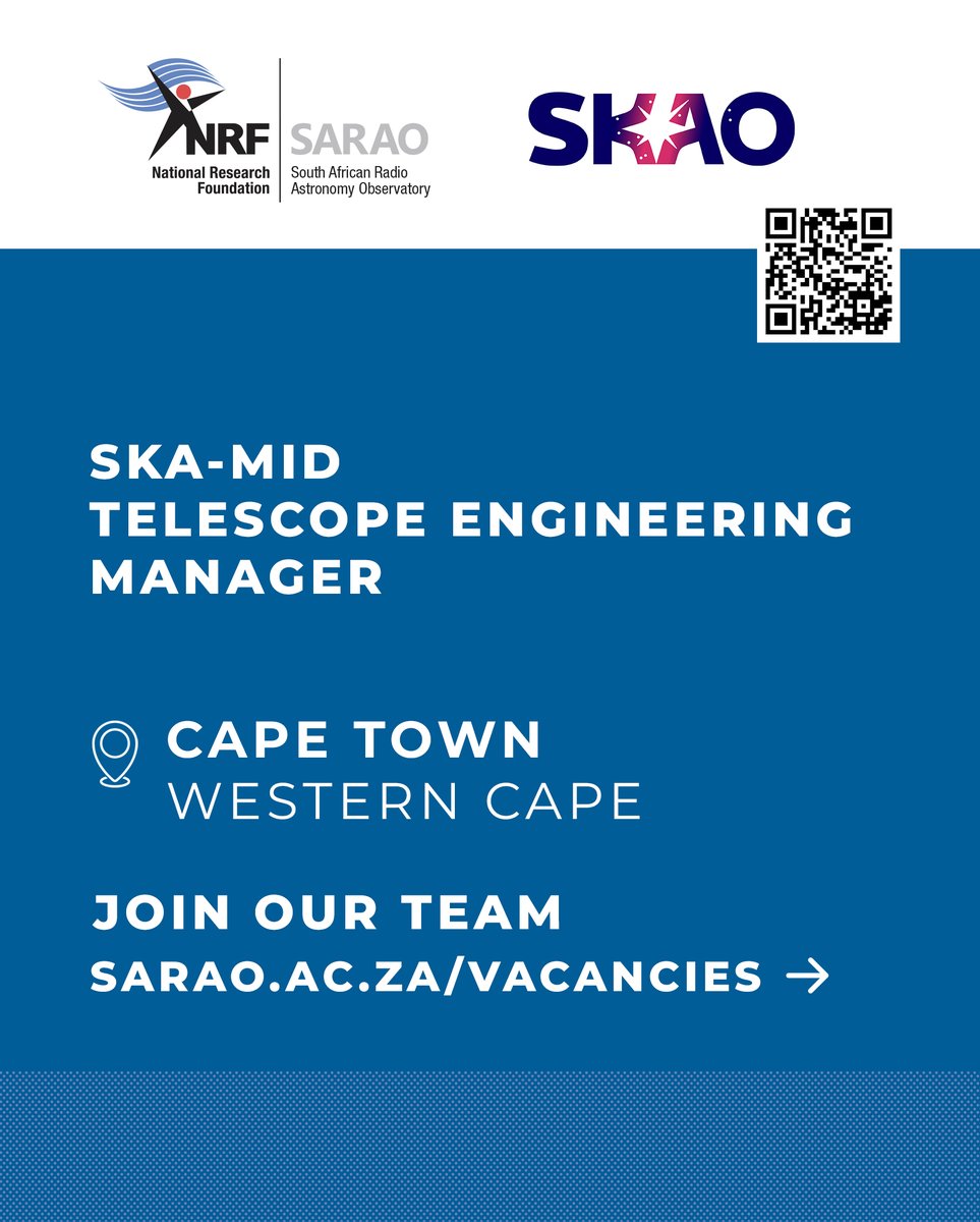 We are hiring! SKA Mid – Telescope Engineering Manager Contract type: Permanent Job Level: Management Work Location: Cape Town, Western Cape Closing Date: 07 April 2024 How to apply ⬇️ sarao.ac.za/job/vacant-pos…