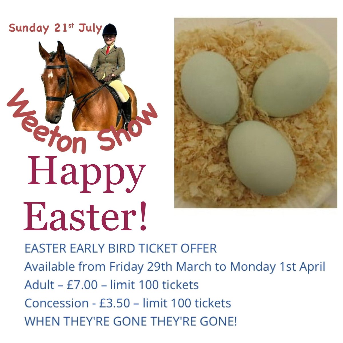 Don’t miss out on our special Easter Early Bird ticket offer ….. once they’re gone, they’re gone!