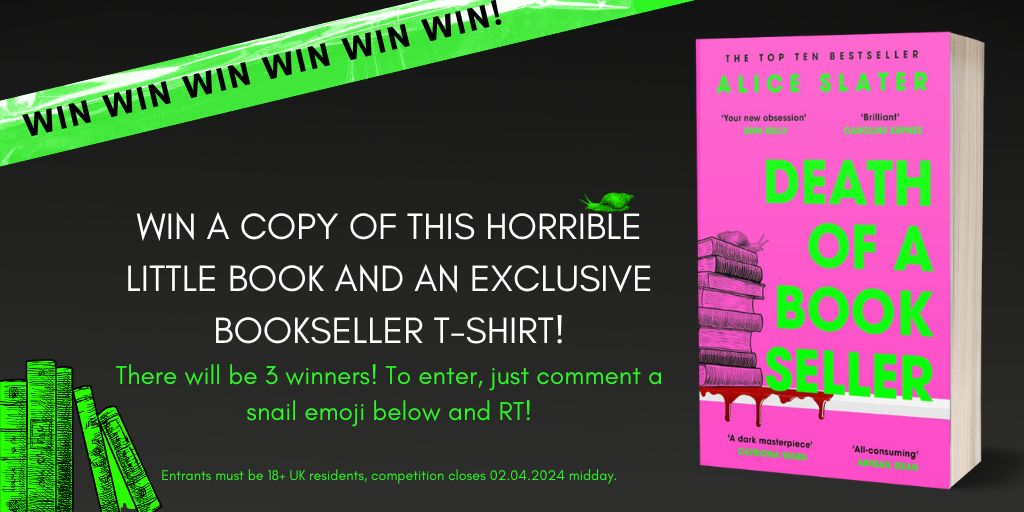 WIN an exclusive t-shirt and paperback edition of #DeathOfABookseller by @AliceMJSlater in it's new pink design! 3 winners will be chosen at the end of Easter weekend, so comment a snail below and RT to enter!🐌 Ts & Cs apply > brnw.ch/21wImhD