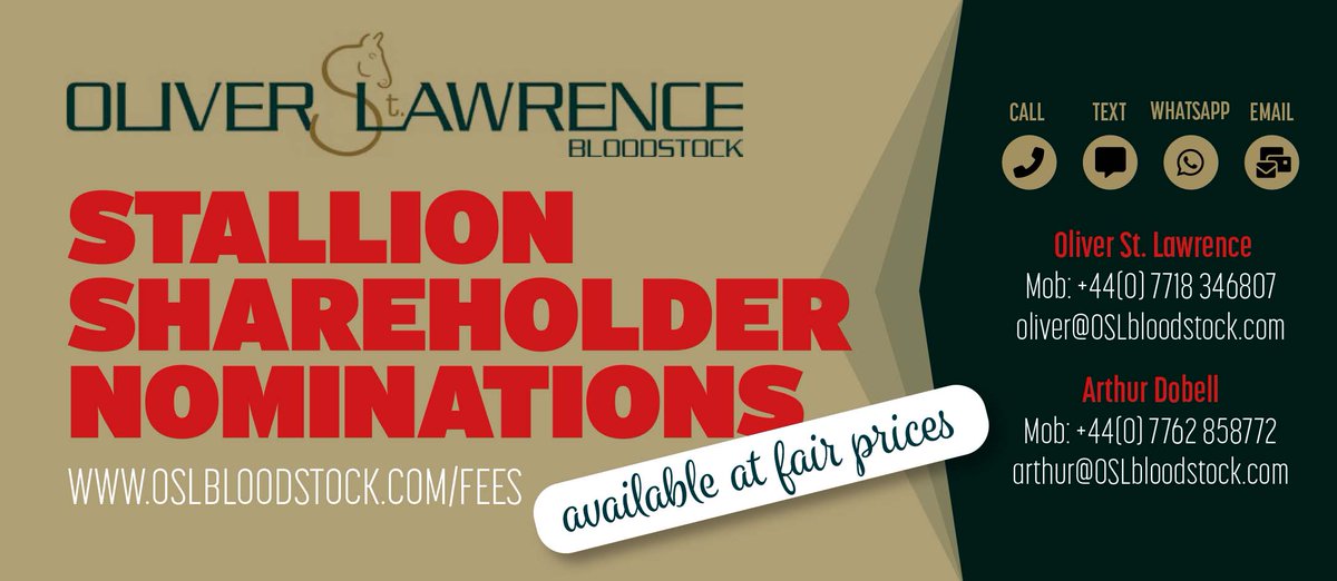 ‼️ @OStLawrence Stallion Shareholder Nominations - Available At Fair Prices ‼️ Get in touch with the team today 👇 📲 Oliver St. Lawrence Mob: +44(0) 7718 346807 📲 Arthur Dobell Mob: +44(0) 7762 858772 For more info visit ➡️ oslbloodstock.com/fees/ #ReadAllAboutIt