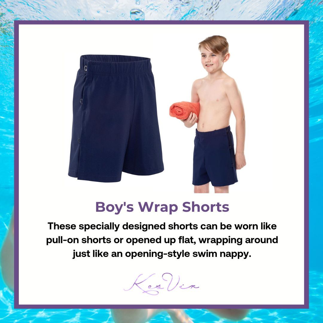 KesVir's tweet image. Our Boy's Swimming Wrap Shorts – are versatile and specially designed for a perfect fit, whether worn as pull-on shorts or opened up flat like an opening-style swim nappy. 🏊‍♂️🩳

#SwimwearStyle #PoolReady #swimwear #adaptiveclothing #specialneeds #downsyndrome #autism