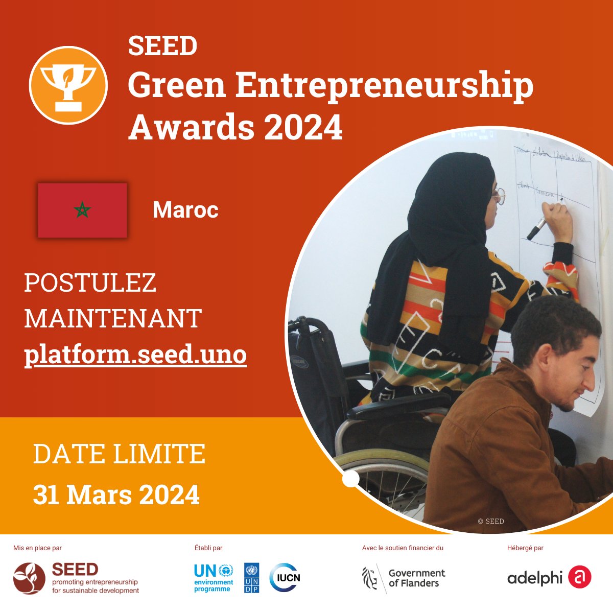 ⚠️ Il reste 1 JOURS aux entreprises pour postuler aux #GreenEntrepreneurshipAwards 2024 par SEED au #Maroc ⚠️ Postulez maintenant ➡️ platform.seed.uno Les SEED Awards au Maroc sont parrainés par le gouvernement Flamand.