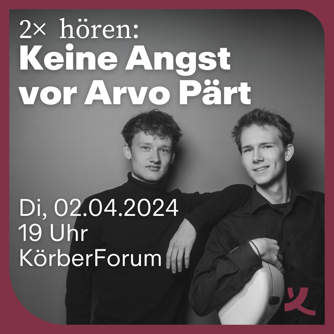 🗣️ Es wird höchste Zeit, dass Musik von Arvo Pärt bei 2x hören im <a href="/KoerberForum/">KörberForum</a> erklingt! 

🎶 Die Brüder Lionel und Demian Martin interpretieren den Klassiker "Spiegel im Spiegel" aus dem Jahr 1978.

Jetzt den Livestream vormerken 👉 koerber-stiftung.de/veranstaltunge…

🤝 @KoerberKultur