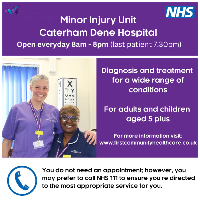 Caterham Dene Minor Injury Unit is open 7 days a week from 8am – 8pm (last patient 7.30pm) and is available for adults and children over the age of 5. Our MIU provides diagnosis and treatment for a range of conditions and injuries. For more info visit: ow.ly/jUY350QZtlu