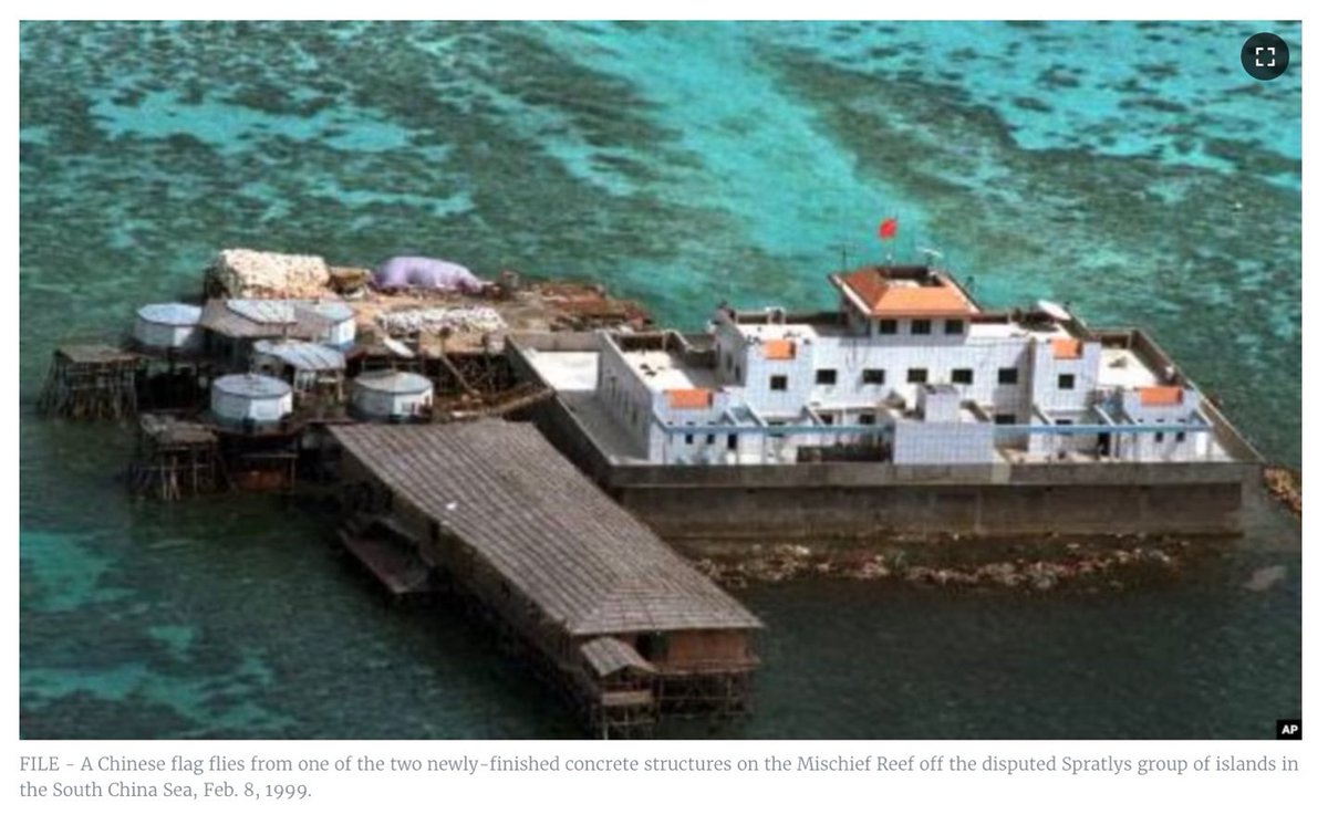 JayBatongbacal's tweet image. In 1999, CN sent a note to the PH that it will “repair” the structures. But the PH was surprised when the "repair” turned 6 small huts into large new buildings with armaments, helipads, barracks, and other added facilities. (Pics from Japan Times, VOA) 11/24