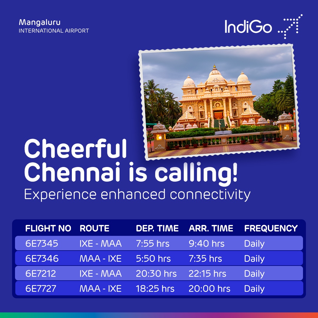 Discover the allure and vibrancy of #Chennai with @IndiGo6E, now providing enhanced connectivity from #MangaluruAirport. Fly directly to the heart of Tamil Nadu. Book your tickets on @Adani_One today for a seamless journey. #GatewayToGoodness #Travel #Explore #Mangaluru