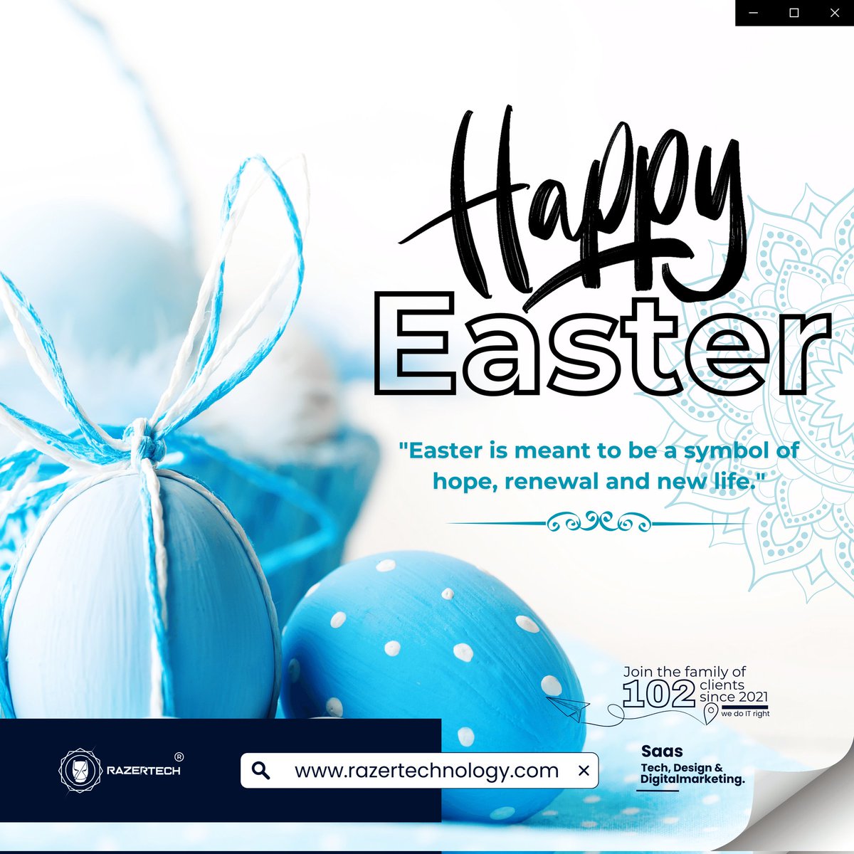 The power of resurrection doesn't only work in you but also in the things around you. May there be a new breath in all that you value; your business and all your endeavours. To you our present and future clients,  to all friends of <a href="/razertech100/">RAZERTECH</a>, #HappyEaster 
#YounameitWecodeit