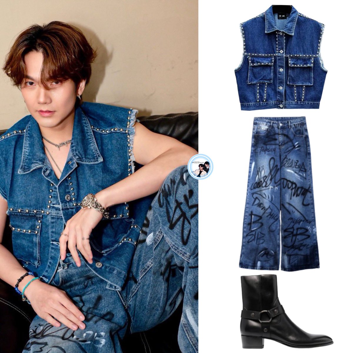 What @JakeB4rever Wearing : No Brand Studded Denim Vest (Price not available) ByTheR Graffiti Painting Washed Wide Pants (USD78.60/THB2867) Saint Laurent Wyatt Leather Ankle Boots (USD1161/THB42,345) #2024FansignBuildxBYL #BuildJakapan #whatbbbwearing