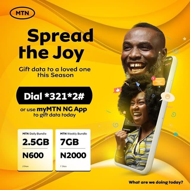 Gift your loved ones data, this season💛 Dial *321*2*1# to start or use the myMTN NG App today!