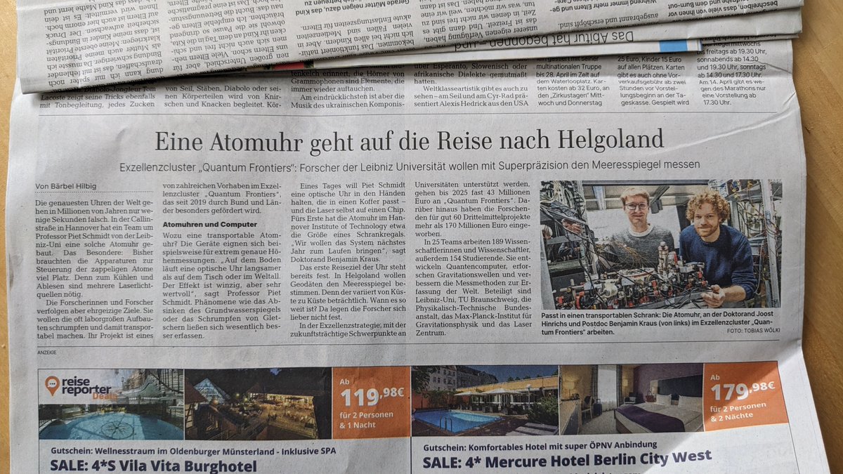Ali Lezeik (علي يوسف) (@lelezeik) on Twitter photo Nothing better than a morning Saturday coffee and reading the <a href="/HAZ/">HAZ</a> on the goals of <a href="/QF_Cluster/">Cluster of Excellence QuantumFrontiers</a> using atomic clocks.
These goals are not just bounded to a lab. This article (in German) by Bärbel Hilbig, explains how we can use atomic clocks to measure water level in Helgoland. Nothing better than a morning Saturday coffee and reading the <a href="/HAZ/">HAZ</a> on the goals of <a href="/QF_Cluster/">Cluster of Excellence QuantumFrontiers</a> using atomic clocks.
These goals are not just bounded to a lab. This article (in German) by Bärbel Hilbig, explains how we can use atomic clocks to measure water level in Helgoland.