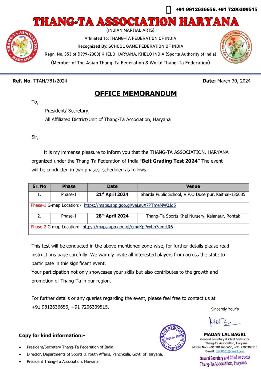 Get Ready Thang-Ta enthusiasts! 
Thang-Ta Association, Haryana under the Thang-Ta Federation of India organized Haryana State Thang-Ta Belt Grading Test as per mentioned scheduled.
 
#thangta #beltgradingtest #indianmartialarts