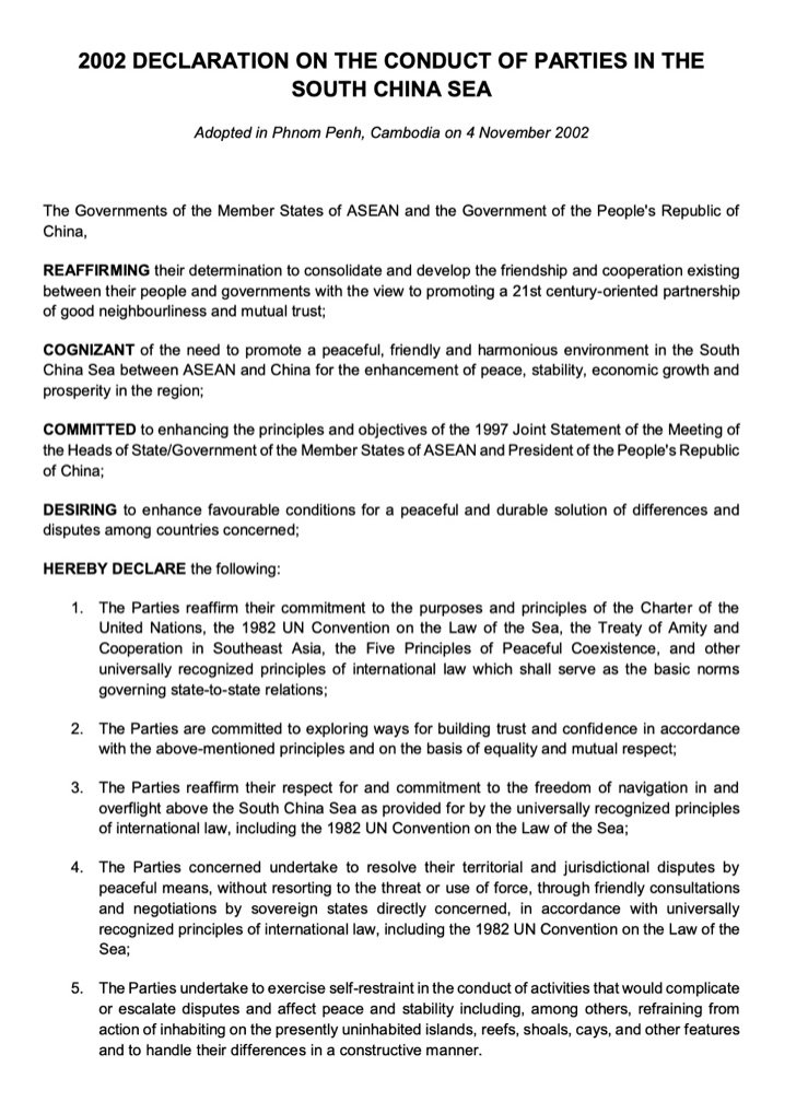 JayBatongbacal's tweet image. Three years later, the 2002 DOC was signed by all claimants, where they all committed to resolve disputes by peaceful means without resorting to threats or use of force, through friendly consultations and negotiations, and most importantly… 14/24