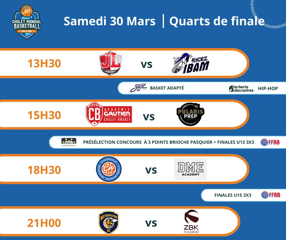 Le programme de ce samedi 30 Mars à la Meilleraie ! Venez assister aux Quarts de Finale et aux animations de la journée ! Vous ne pouvez pas venir aujourd'hui ? Les matchs sont visibles en live sur YouTube : youtube.com/@sportmediamat…