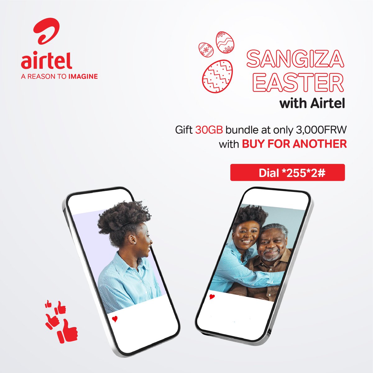 Spread the joy this #Easter 🐣! Gift your loved ones a 30GB bundle for just 3,000Frw with Airtel's BUY FOR ANOTHER. Dial *255*2*2*2# #AirtelEaster