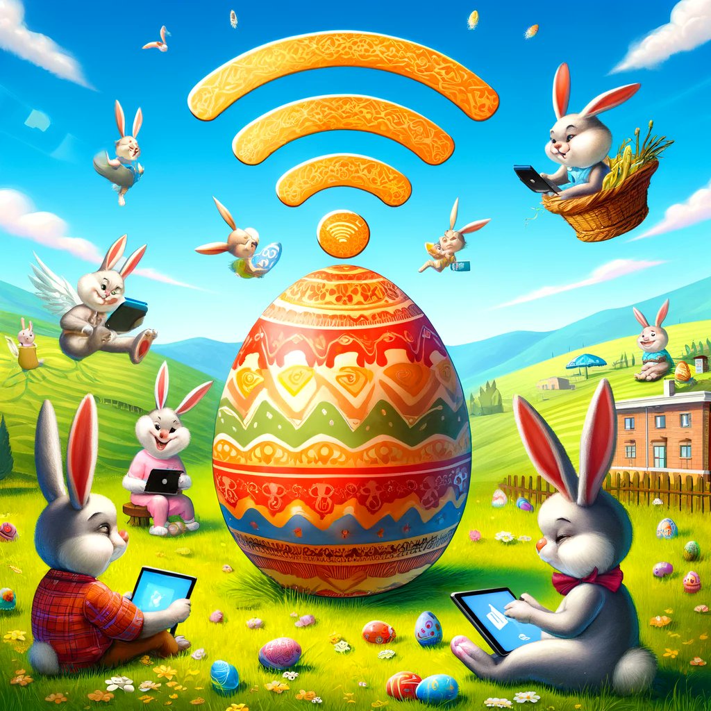 IpmediaNetwork's tweet image. Spring into the digital age this Easter! 🌼💻 Surrounded by tech-savvy bunnies and a WiFi-emblazoned Easter egg, it&apos;s a reminder that traditions and technology can go hand-in-hand. Happy Easter! 🐰📱#EasterTech #ipmedia #mikrotik