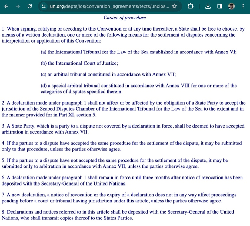 JayBatongbacal's tweet image. With no options, in 2013 PH initiated the SCS Arbitration proceedings vs CN per UNCLOS Part XV, Art 287(3) and Annex VII. Both are parties to UNCLOS, &amp;amp; upon ratification deemed to select arbitration as means of settling disputes over interpretation &amp;amp; application of UNCLOS. 19/24