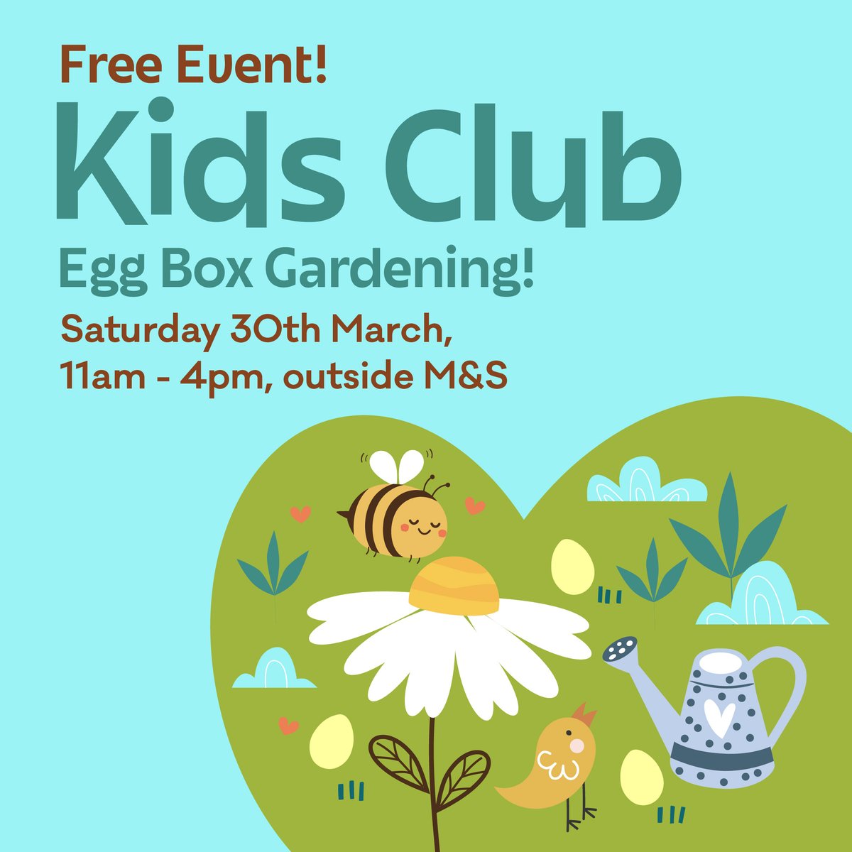 Don't forget our March Kids Club is on today between 11am and 4pm outside M&S! Your little ones will be decorating craft egg box gardens to grow goodies this spring🌷 📍FREE entry, outside M&S. ow.ly/jo4a50QVs7L