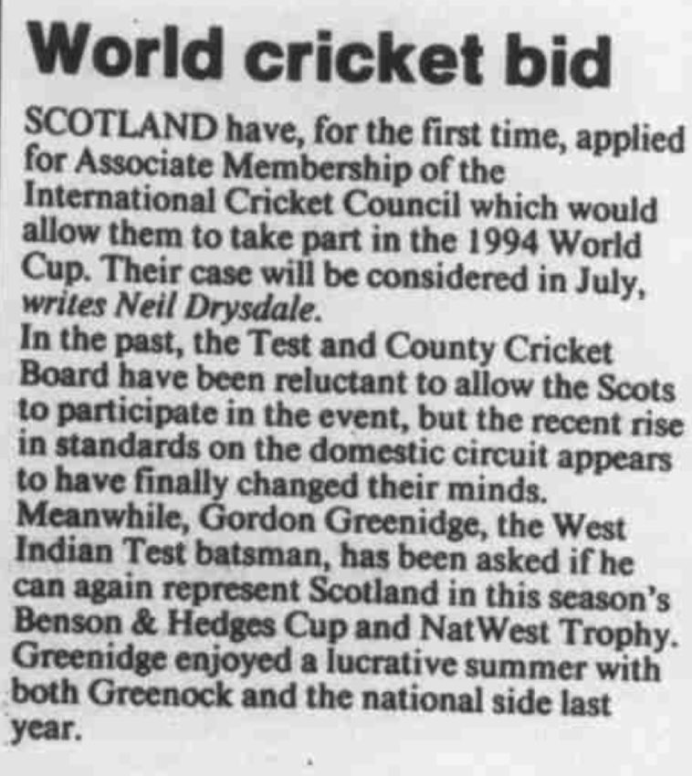ScottyCricket's tweet photo. #Season1991 @CricketScotland apply for #AssociateMembership of #TCCB and @NeilDrysdale is first with the news. https://t.co/QS0Ctg60Lo