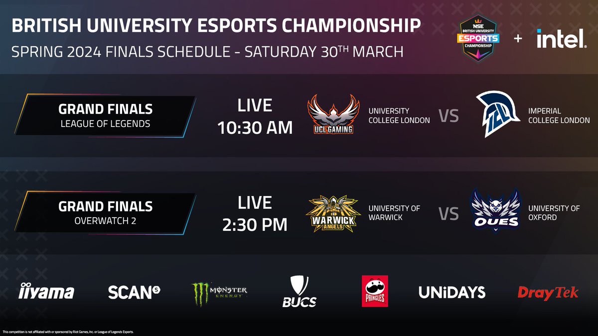 🤩 We're back again with the #BUECSpring2024 finals, LIVE on LAN at @IGFestUK #i72! ⚔️ Today we've got #LeagueOfLegends & #Overwatch2 so make sure to catch the action live. 📺 twitch.tv/nse_gg 👇 See our Saturday preview and schedule below: nse.gg/news/buec-spri…