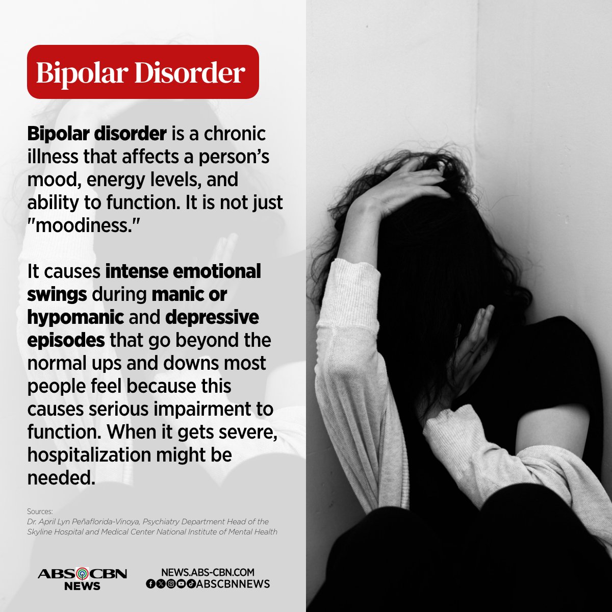 Bipolar disorder is a serious lifelong mental condition that affects more than half a million Filipinos and 40 million worldwide, according to 2020 and 2019 data from the World Health Organization, respectively. #WorldBipolarDay Read more: news.abs-cbn.com/news/2024/3/30…
