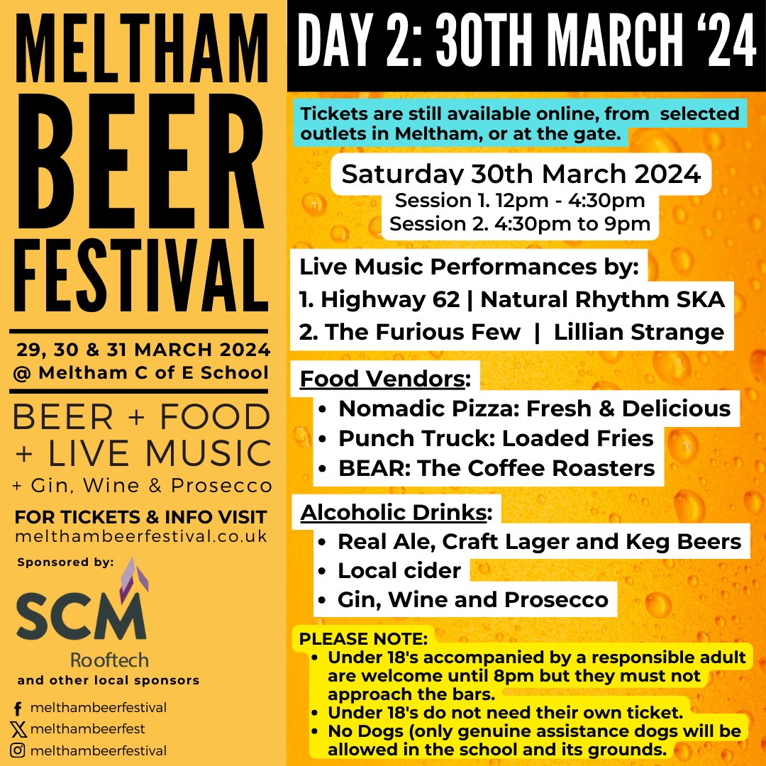 Day 2 of #Meltham Beer Festival (Sat. 30 March 2024).

Tickets are still available online, from selected outlets in Meltham and at the gate.

Visit MelthamBeerFestival.co.uk for more info

#melthambeerfest #holmfirth #huddersfield #slaithwaite #marsden