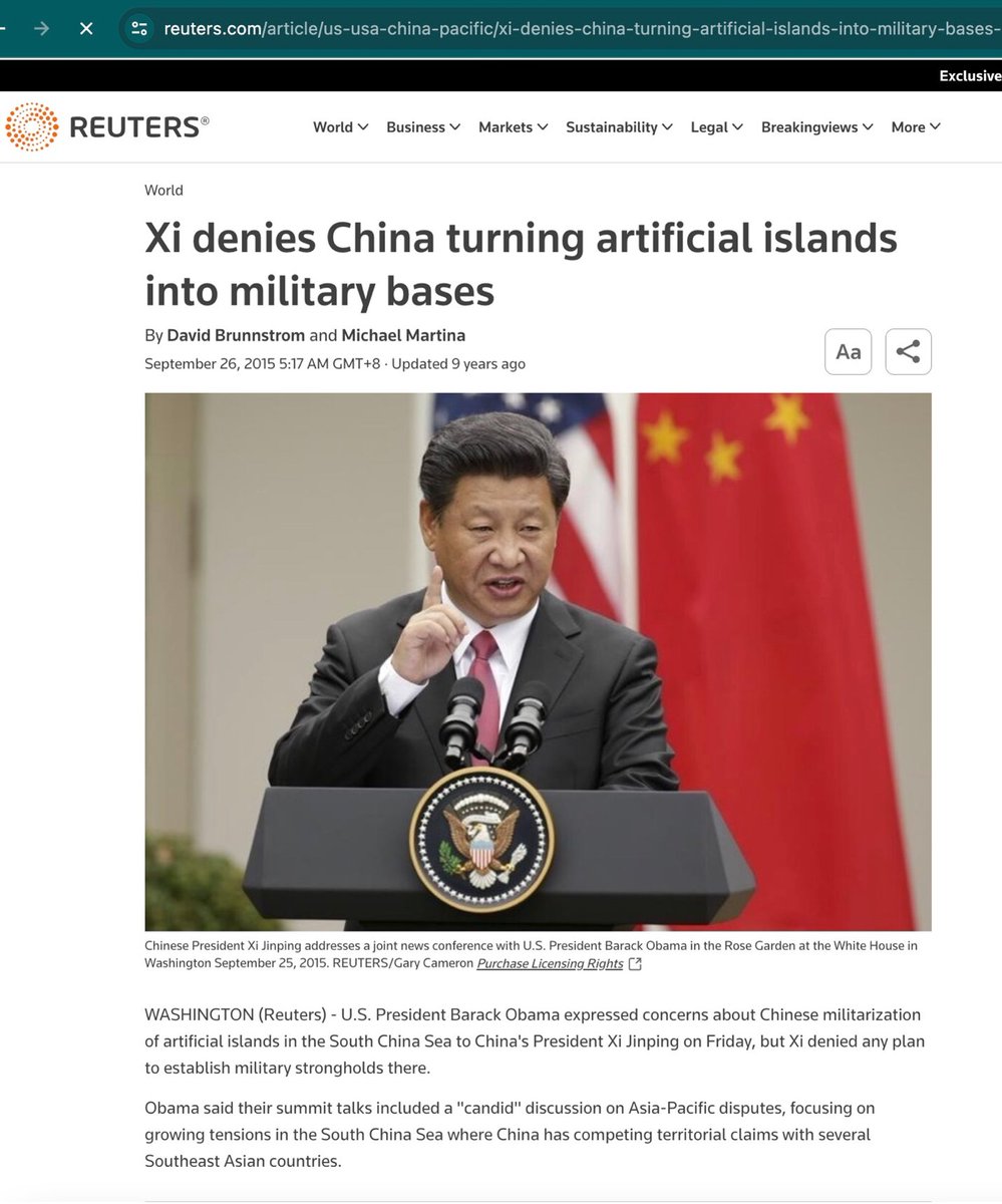 JayBatongbacal's tweet image. On 25 Sept 2015, CPC SecGen Xi Jinping stated publicly that CN “does not intend to pursue militarization” of the Spratly Islands, and that such outposts would not “target or impact” any country.” 23/24