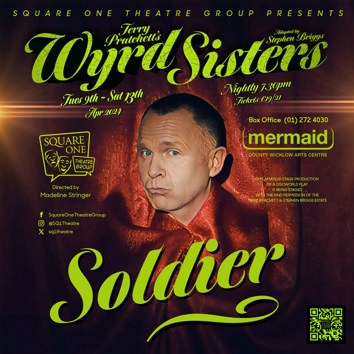 SquareOneTheatreGroup Bray (@sq1theatre) on Twitter photo “I didn’t become a soldier for this - Not to go around killing people!”
A mercenary mixed up in a madcap fantasy in the mood of Monty Python.
Bob Browne is delighted to be united with <a href="/SQ1Theatre/">SquareOneTheatreGroup Bray</a> for Terry Pratchett’s Wyrd Sisters at <a href="/mermaidarts/">Mermaid Arts Centre</a> April 9 - 13
🎟️ link in bio “I didn’t become a soldier for this - Not to go around killing people!”
A mercenary mixed up in a madcap fantasy in the mood of Monty Python.
Bob Browne is delighted to be united with <a href="/SQ1Theatre/">SquareOneTheatreGroup Bray</a> for Terry Pratchett’s Wyrd Sisters at <a href="/mermaidarts/">Mermaid Arts Centre</a> April 9 - 13
🎟️ link in bio