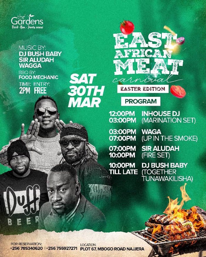 3pm BWEPABAAAAA this musoga is setting off wali ku @GardensNajjera anti it's the Meat Carnival alongside my brothers @DjAludah @djbushbaby and @Mo_Chef_Mu