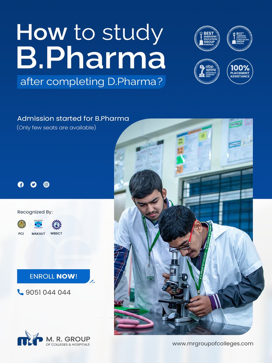 💥💥After D.Pharma you can do B. Pharma which is a bachelor level course.For the students of D.Pharma there is an opportunity for lateral entry and you can complete the B.Pharma course within 3 years.

#bpharm #bpharmadmission #career #nobleprofession #pharmacy #mrgroup