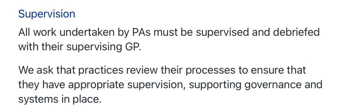 NHSE have mandated (finally!) that ALL work undertaken by PAs must be supervised by the GP
 
What does “supervision” mean?

If GP needs (&amp; should) see every patient too…what is the role of a PA in GP? 

It’s a direct doubling of work &amp; a waste of everyone’s time &amp; money.