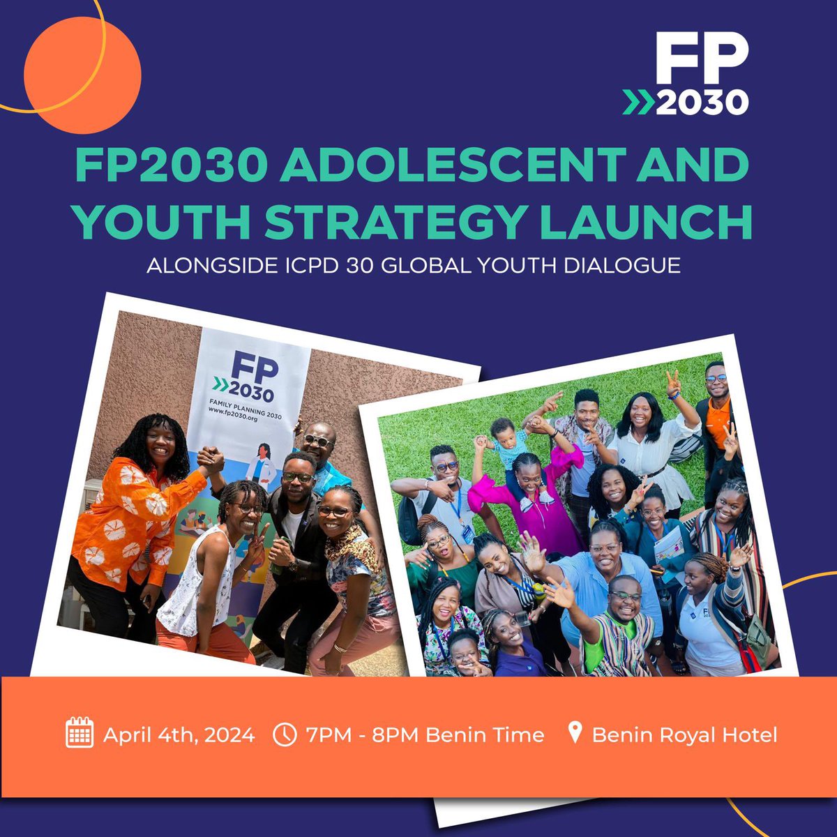 Are you attending ICPD30 Global Youth Dialogue in Cotonou, Benin? Excited to welcome you to @FP2030Global Adolescent and Youth Strategy Launch on 4th April, 2024 at 7pm, happening live at Benin Royal Hotel. Elated to welcome you personally 💃🏿💃🏿💃🏿💃🏿💃🏿💃🏿