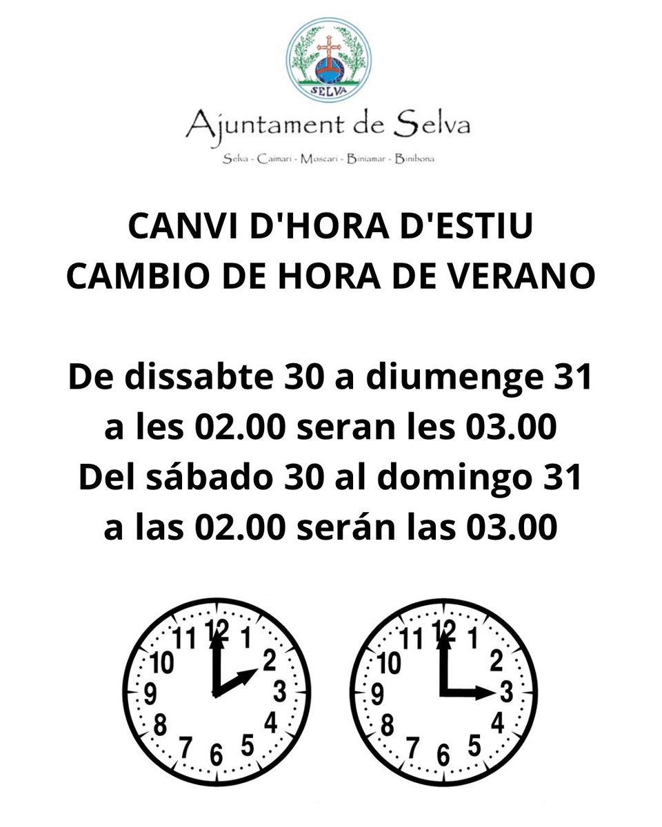 CANVI D'HORA D'ESTIU.
CAMBIO DE HORA DE VERANO.

🕑 de dissabte 30 a diumenge 31
a les 02.00 seran les 03.00.
🕑 del sábado 30 al domingo 31
a las 02.00 serán las 03.00.