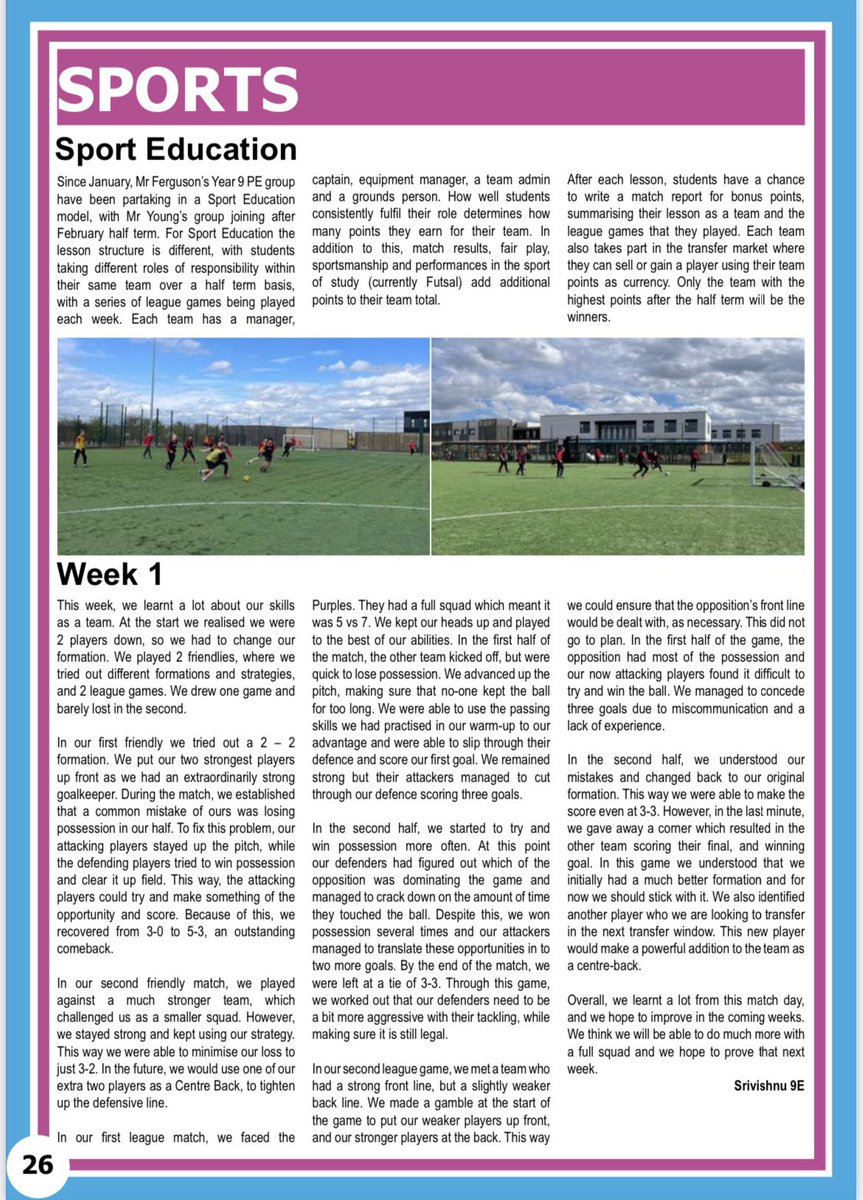 Mr_FergusonPE's tweet photo. Since introducing Sport Ed in January, it’s been a massive success with Year 9. Students have loved the model and produced some fantastic match reports after each session. Great to see it and some of the match reports feature in the CamVC newsletter 📝 https://t.co/DqpT5RE71z