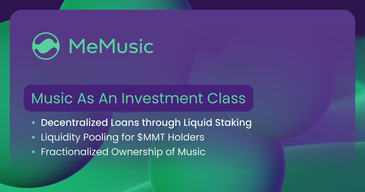 MeMusic enables Music as an Investment Class 💫Decentralized Loans 💫Liquidity Pooling for $MMT Holders 💫Fractionalized Ownership of Music Music is a sleeping #RWA , $MMT will enable users to take part in building #AudioFi 🧡🎵 Learn more 👇🏼 docs.memusic.io/defi/liquid-st…