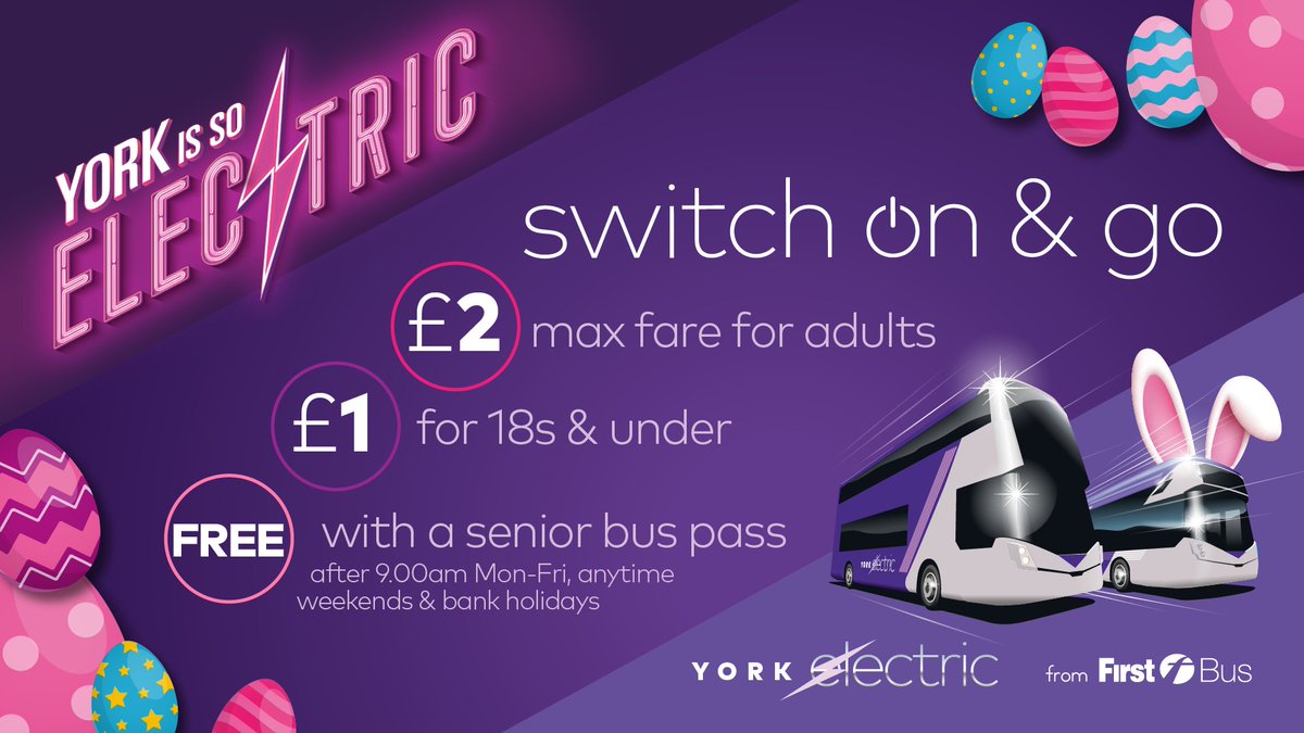 Switch on & go with our electric buses this Easter, offering great value fares... 🧔 £2 max fare for adults 🧒 £1 for 18s & under 👵 Or free with a senior bus pass Find out more: bit.ly/3M1KO35 🚍⚡