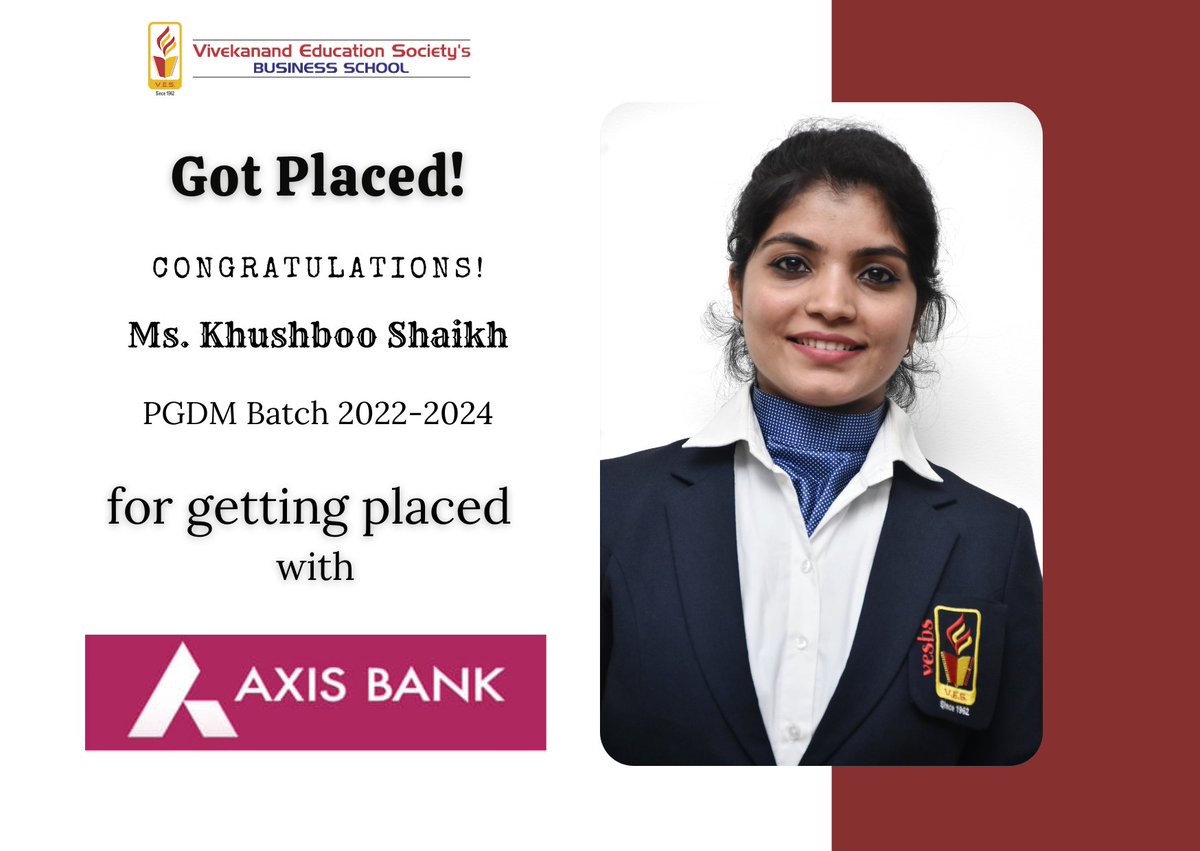 Congratulations Ms. Khushboo Shaikh of Batch 2022-2024 who got placed at Axis Bank. Many Congrats on this next step in your career and all of the growth, connections and opportunities that come with it. #Placementdrive #placements #management #campusplacement #bschool #VBS #pgdm