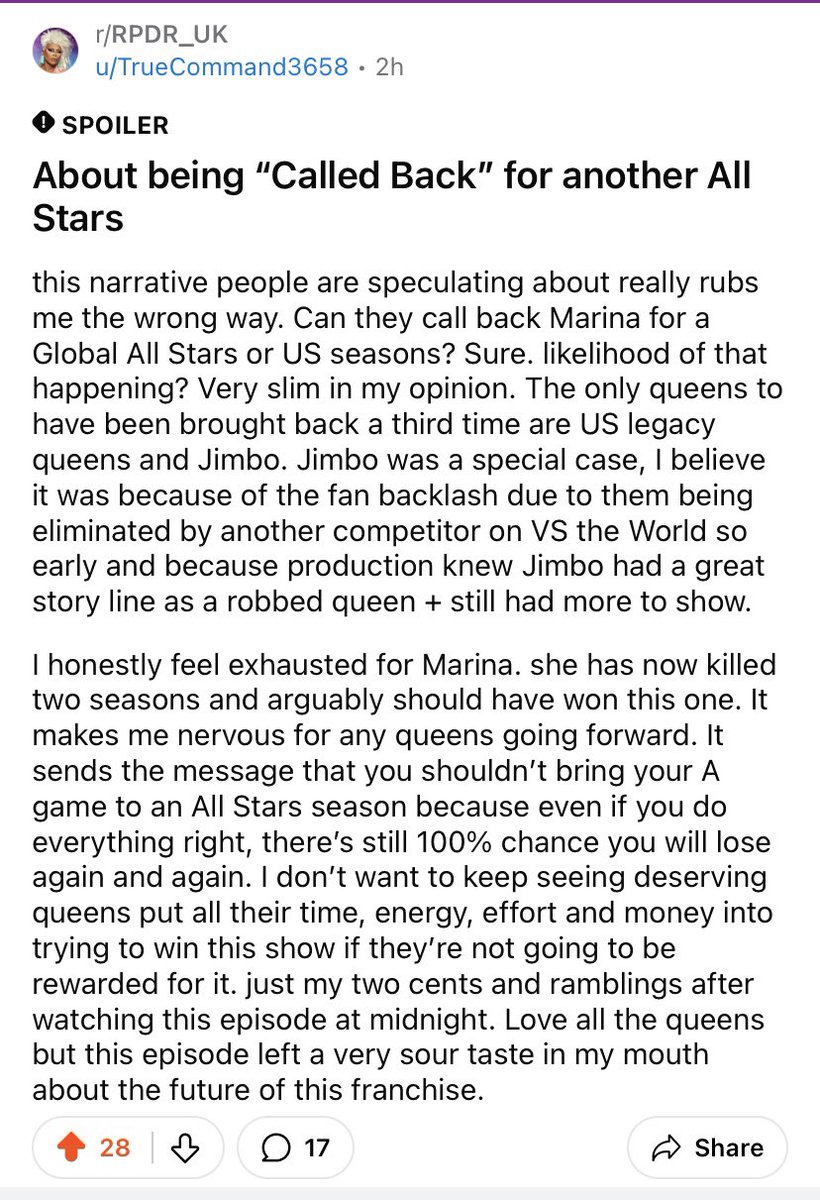 Saw this post on Reddit and I could not have said it better. All Stars doesn’t deserve Marina. I don’t want to see her working her ass off and giving her 100% every damn time just for her to undeservingly not win the season. #DragRaceUK