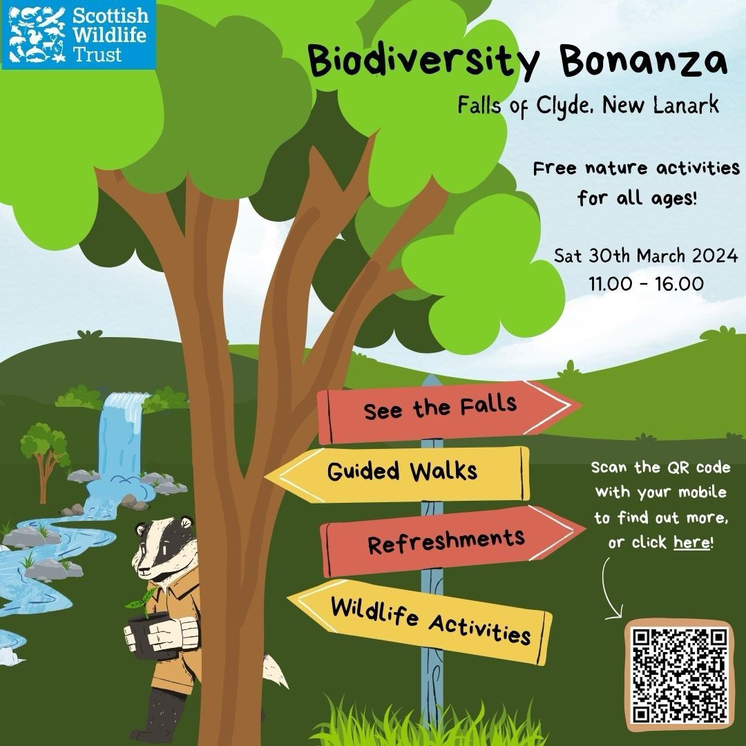 Today’s the day!!! 🤩
Join us at the Falls of Clyde from 11am for our Biodiversity Bonanza! 
#ScottishWildlifeTrust #FreeEvent #NatureWalk #WorldHeritageSite